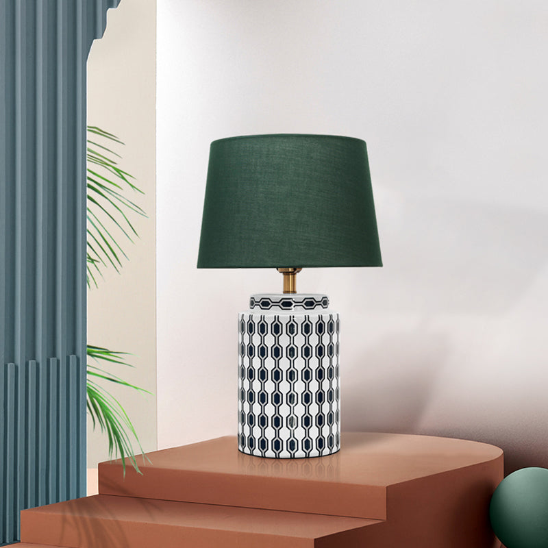 Cylindrical Bedside Nightstand Lamp Patterned Ceramic Single Simplistic Table Light with Empire Shade in Green Green Clearhalo 'Lamps' 'Table Lamps' Lighting' 2197914