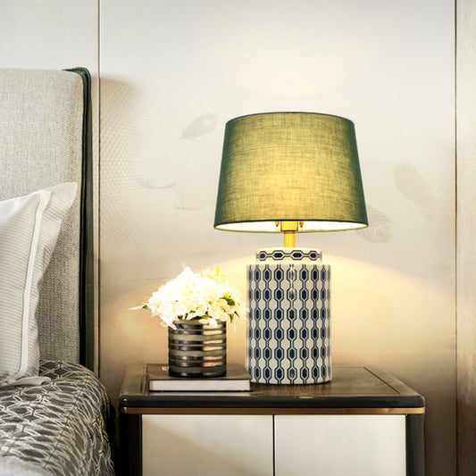 Cylindrical Bedside Nightstand Lamp Patterned Ceramic Single Simplistic Table Light with Empire Shade in Green Clearhalo 'Lamps' 'Table Lamps' Lighting' 2197916