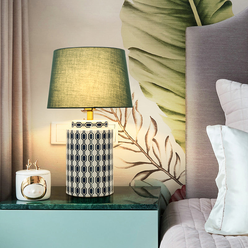 Cylindrical Bedside Nightstand Lamp Patterned Ceramic Single Simplistic Table Light with Empire Shade in Green Clearhalo 'Lamps' 'Table Lamps' Lighting' 2197918
