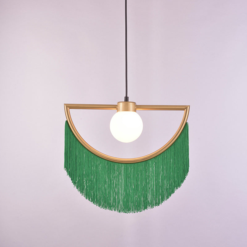 Minimalism Globe Suspension Light 1-Light Opal Glass Hanging Lamp with Decorative Fringe Green Clearhalo 'Ceiling Lights' 'Pendant Lights' 'Pendants' Lighting' 2197998_e7155096-4eb2-4cce-a2d0-6bebddf96c97