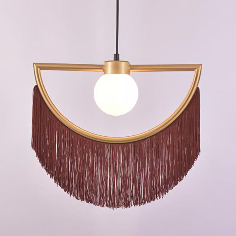 Minimalism Globe Suspension Light 1-Light Opal Glass Hanging Lamp with Decorative Fringe Coffee Clearhalo 'Ceiling Lights' 'Pendant Lights' 'Pendants' Lighting' 2198004_3e3aa1e9-207b-4da0-b3a7-79d5ec9fe200