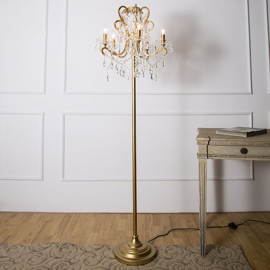 Candle Metallic Stand Up Lamp Traditional 5 Heads Living Room Floor Lighting with Crystal Draping Gold Clearhalo 'Floor Lamps' 'Lamps' Lighting' 2198009