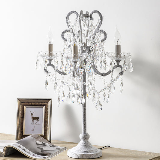 Antique Candle Nightstand Lamp 4 Heads Metallic Table Lighting with Crystal Bead Decor White Clearhalo 'Lamps' 'Table Lamps' Lighting' 2198021