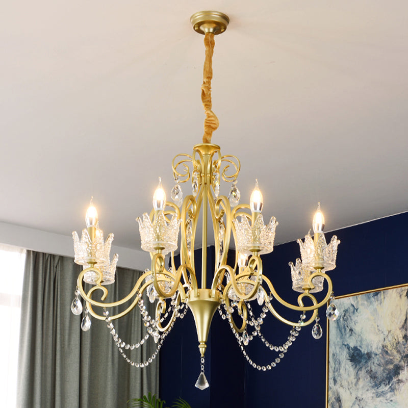 Candelabra Metal Ceiling Lighting Vintage Living Room Chandelier Light Fixture with Crystal Crown Decor Clearhalo 'Ceiling Lights' 'Chandeliers' Lighting' options 2198077
