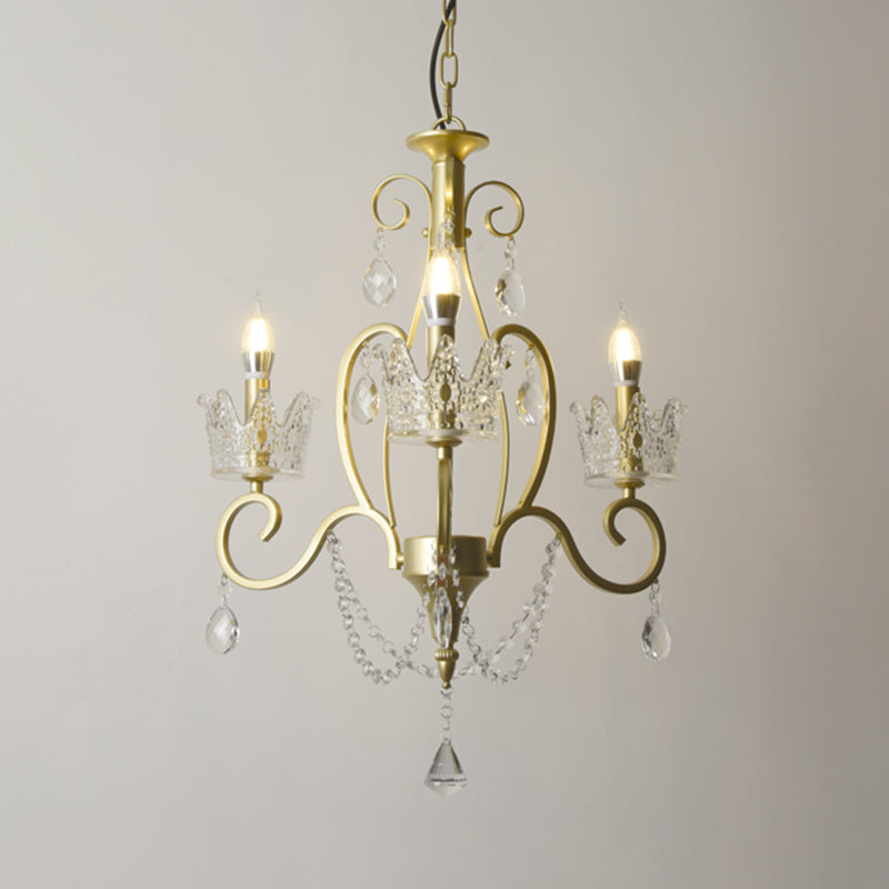 Candelabra Metal Ceiling Lighting Vintage Living Room Chandelier Light Fixture with Crystal Crown Decor 3 Gold B Clearhalo 'Ceiling Lights' 'Chandeliers' Lighting' options 2198081_3a5c4387-d859-4a78-92f1-a2db6a560544