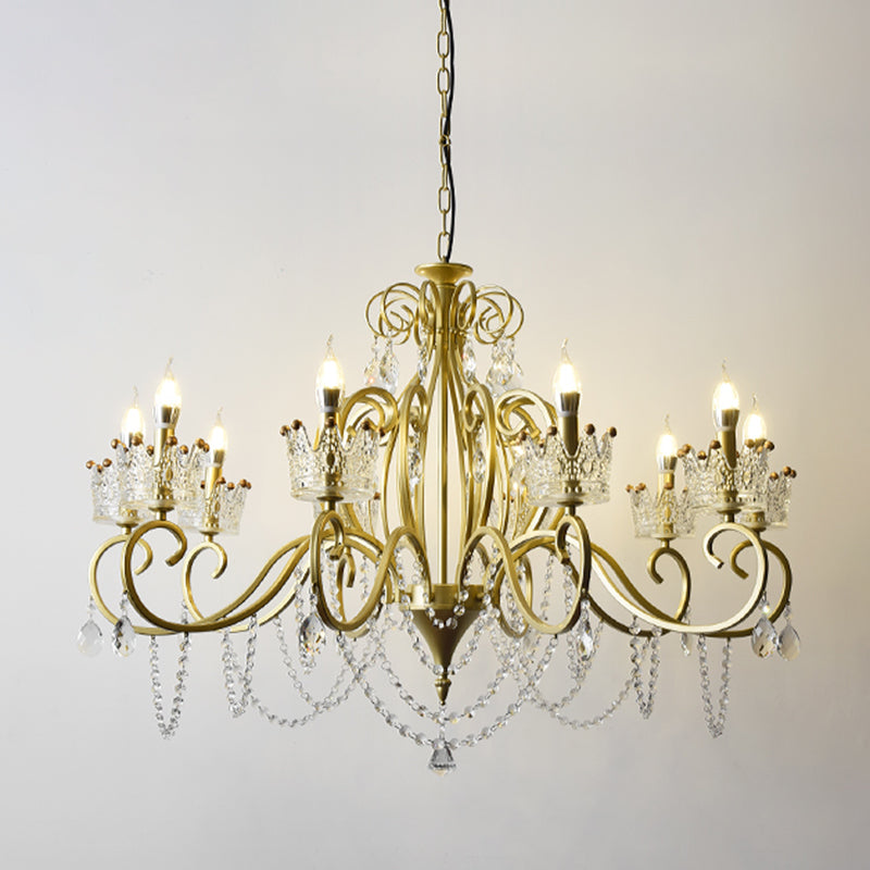Candelabra Metal Ceiling Lighting Vintage Living Room Chandelier Light Fixture with Crystal Crown Decor Clearhalo 'Ceiling Lights' 'Chandeliers' Lighting' options 2198082