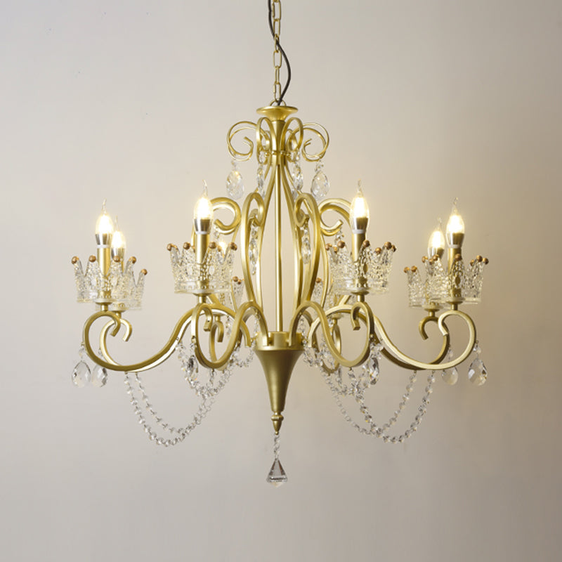 Candelabra Metal Ceiling Lighting Vintage Living Room Chandelier Light Fixture with Crystal Crown Decor Clearhalo 'Ceiling Lights' 'Chandeliers' Lighting' options 2198083