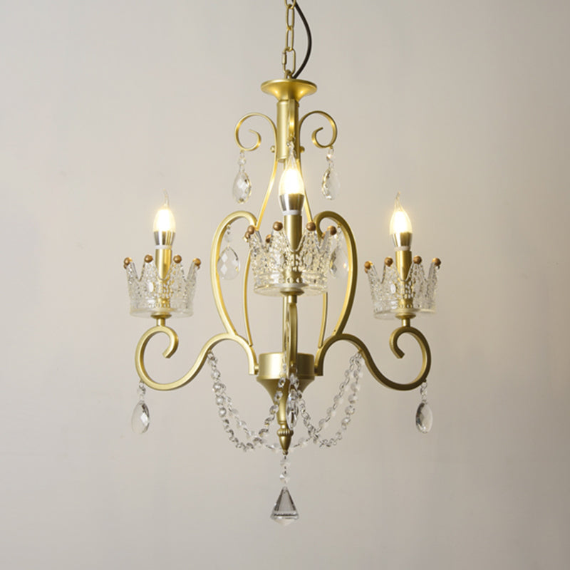 Candelabra Metal Ceiling Lighting Vintage Living Room Chandelier Light Fixture with Crystal Crown Decor 3 Gold A Clearhalo 'Ceiling Lights' 'Chandeliers' Lighting' options 2198085_fc388240-7934-4a21-9fc3-a0f42aa6cfd6