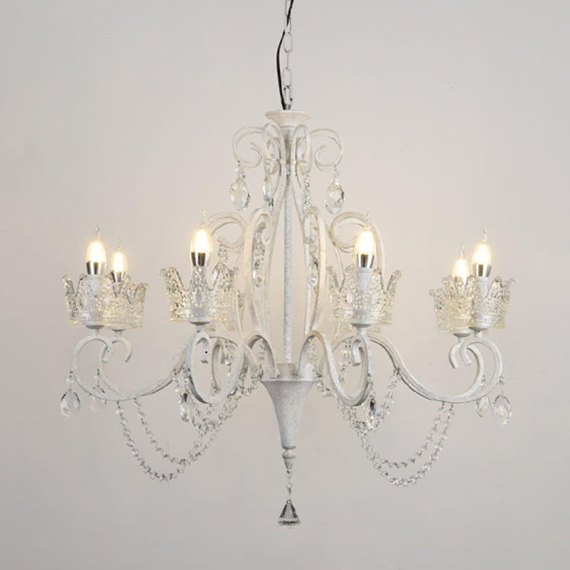 Candelabra Metal Ceiling Lighting Vintage Living Room Chandelier Light Fixture with Crystal Crown Decor 8 White B Clearhalo 'Ceiling Lights' 'Chandeliers' Lighting' options 2198088_6fe46de7-2e49-47a5-8f75-46f200723b1b