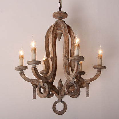 Wooden Candlestick Chandelier Pendant Light Vintage 6 Bulbs Living Room Hanging Light Wood Clearhalo 'Ceiling Lights' 'Chandeliers' Lighting' options 2198126_12069db1-0c88-4fe2-b92e-c00e032bfffe