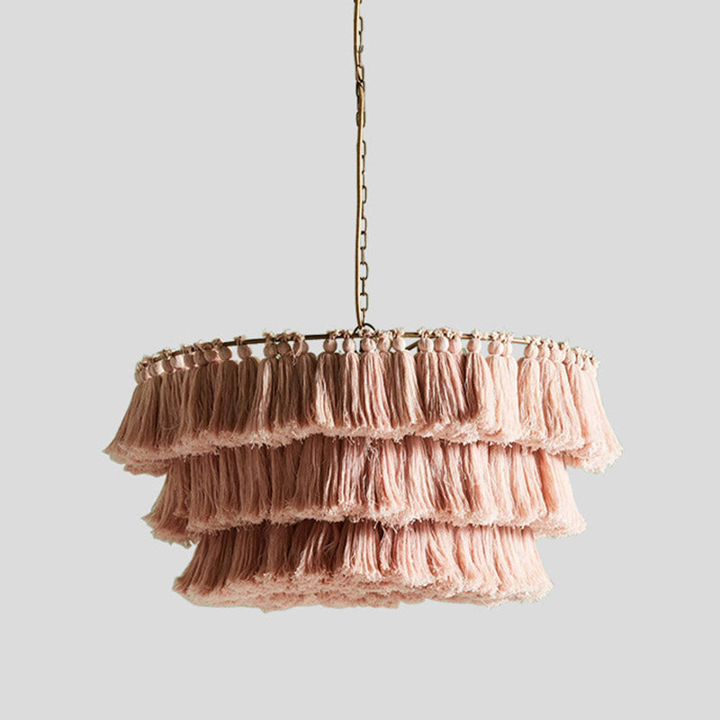 Simplicity Tiered Round Ceiling Lighting 3 Heads Handwoven Fringe Chandelier Light Fixture Clearhalo 'Ceiling Lights' 'Chandeliers' Lighting' options 2198204