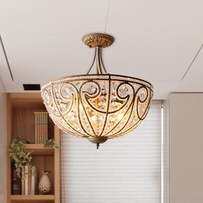 Dome Crystal Bead Semi Flush Vintage 5 Bulbs Living Room Flush Ceiling Light Fixture in Gold