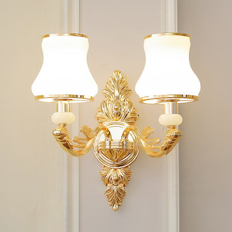 Gold Shaded Wall Lighting Simplicity Opal Glass Corridor Wall Light Fixture with Curved Arm 2.0 Gold B Clearhalo 'Wall Lamps & Sconces' 'Wall Lights' Lighting' 2198256