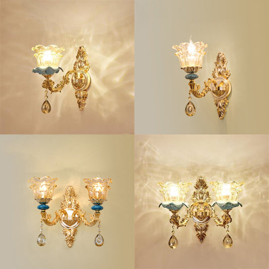 Flower Shade Living Room Wall Light Classic Carved Glass Gold Wall Lighting Fixture Clearhalo 'Wall Lamps & Sconces' 'Wall Lights' Lighting' 2198272