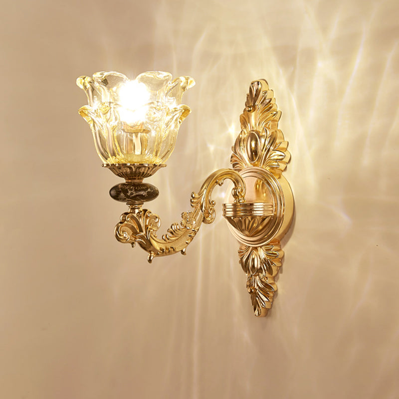 Flower Shade Living Room Wall Light Classic Carved Glass Gold Wall Lighting Fixture 1.0 Gold B Clearhalo 'Wall Lamps & Sconces' 'Wall Lights' Lighting' 2198274