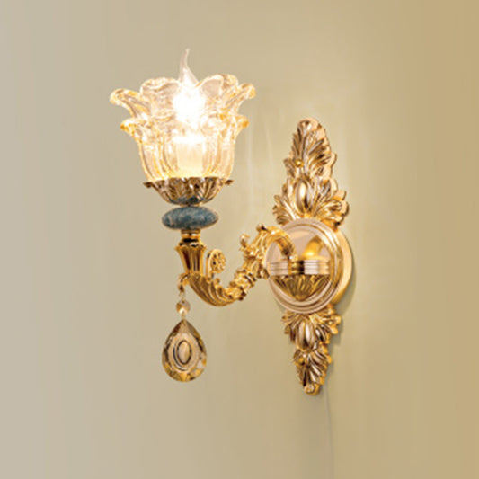 Flower Shade Living Room Wall Light Classic Carved Glass Gold Wall Lighting Fixture 1.0 Gold C Clearhalo 'Wall Lamps & Sconces' 'Wall Lights' Lighting' 2198275