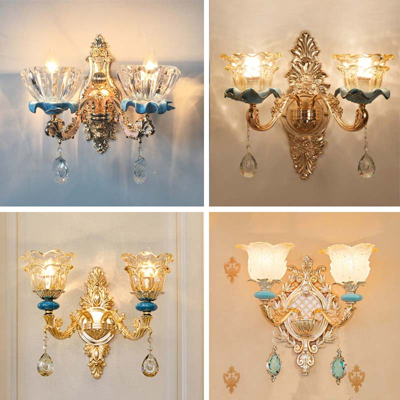 Flower Shade Living Room Wall Light Classic Carved Glass Gold Wall Lighting Fixture Clearhalo 'Wall Lamps & Sconces' 'Wall Lights' Lighting' 2198278
