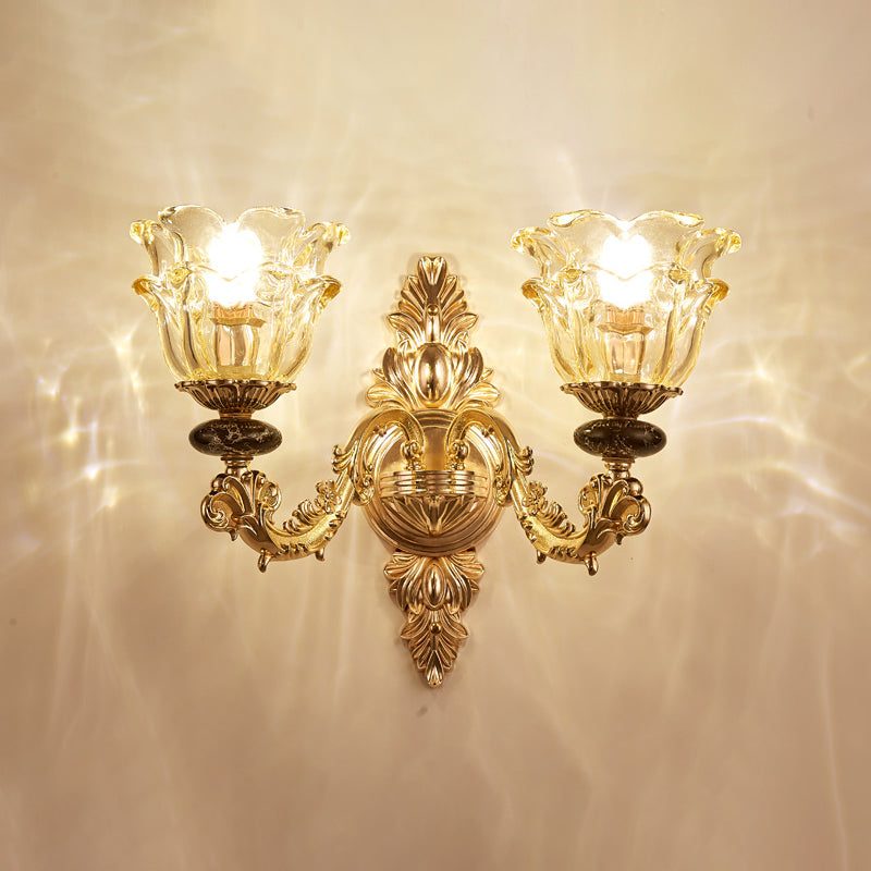 Flower Shade Living Room Wall Light Classic Carved Glass Gold Wall Lighting Fixture 2.0 Gold B Clearhalo 'Wall Lamps & Sconces' 'Wall Lights' Lighting' 2198280