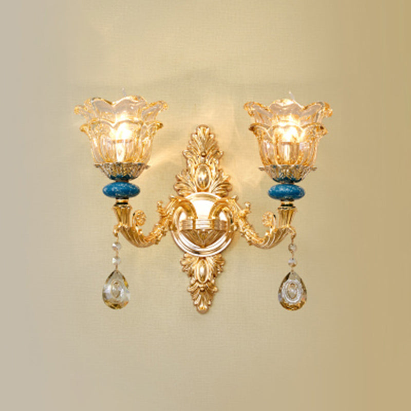 Flower Shade Living Room Wall Light Classic Carved Glass Gold Wall Lighting Fixture 2.0 Gold C Clearhalo 'Wall Lamps & Sconces' 'Wall Lights' Lighting' 2198281