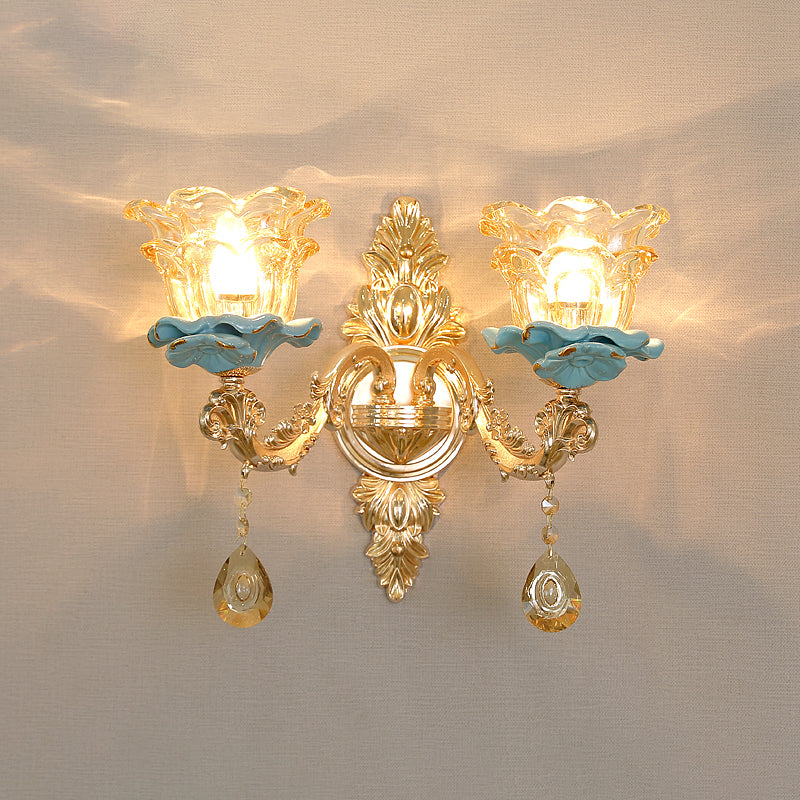 Flower Shade Living Room Wall Light Classic Carved Glass Gold Wall Lighting Fixture 2.0 Gold D Clearhalo 'Wall Lamps & Sconces' 'Wall Lights' Lighting' 2198282