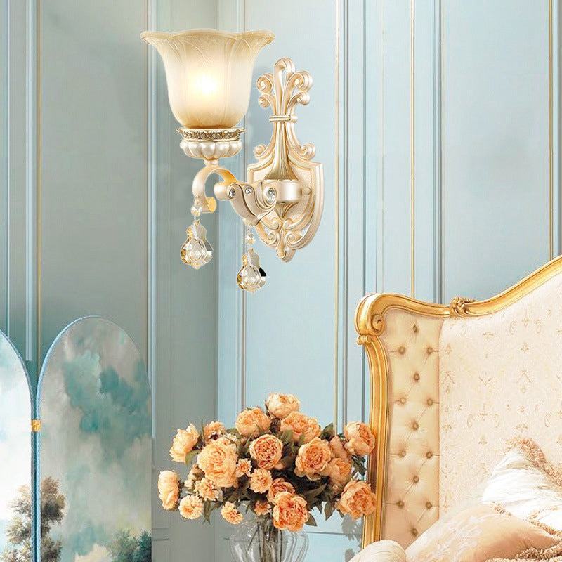 Ruffled Floral Beige Glass Wall Lamp Retro Style Living Room Wall Light Fixture with Crystal Draping Beige A Clearhalo 'Wall Lamps & Sconces' 'Wall Lights' Lighting' 2198305