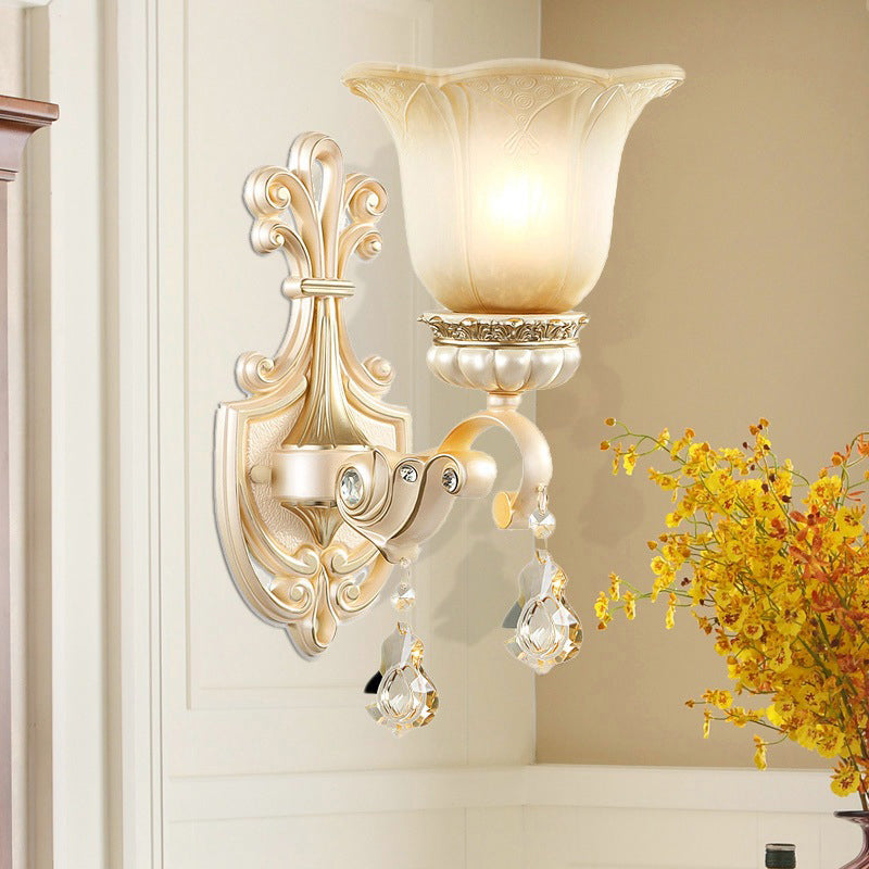 Ruffled Floral Beige Glass Wall Lamp Retro Style Living Room Wall Light Fixture with Crystal Draping Clearhalo 'Wall Lamps & Sconces' 'Wall Lights' Lighting' 2198306