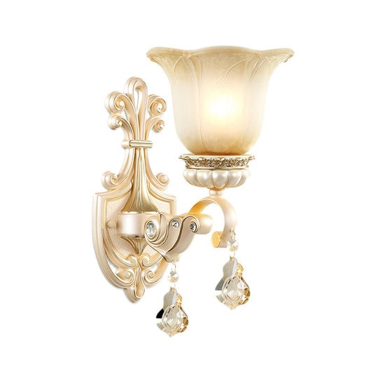 Ruffled Floral Beige Glass Wall Lamp Retro Style Living Room Wall Light Fixture with Crystal Draping Clearhalo 'Wall Lamps & Sconces' 'Wall Lights' Lighting' 2198309