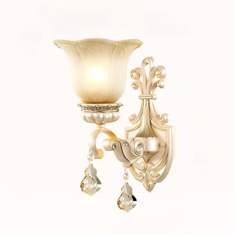 Ruffled Floral Beige Glass Wall Lamp Retro Style Living Room Wall Light Fixture with Crystal Draping Clearhalo 'Wall Lamps & Sconces' 'Wall Lights' Lighting' 2198310