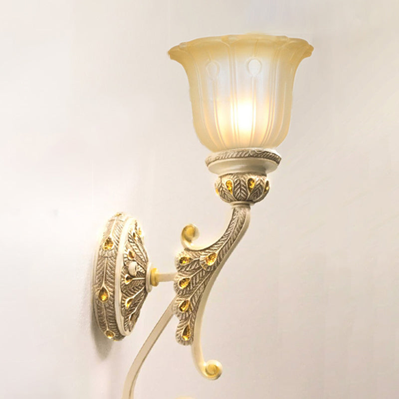 Ruffled Floral Beige Glass Wall Lamp Retro Style Living Room Wall Light Fixture with Crystal Draping Beige D Clearhalo 'Wall Lamps & Sconces' 'Wall Lights' Lighting' 2198313
