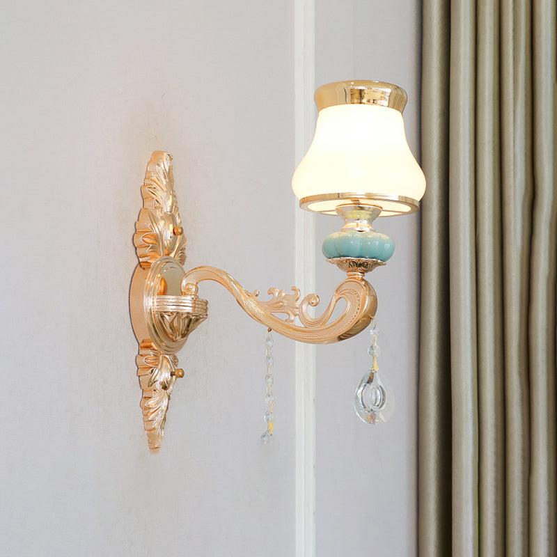 Bud Shade Opal Glass Wall Light Classic Living Room Wall Lighting Fixture with K9 Crystal Accent in Gold 1.0 Gold A Clearhalo 'Wall Lamps & Sconces' 'Wall Lights' Lighting' 2198322