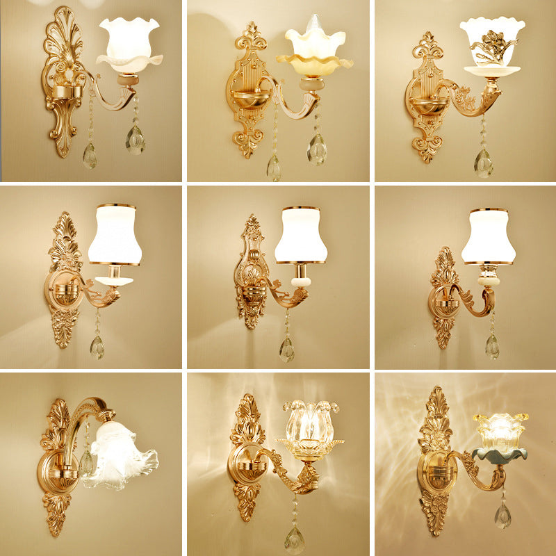 Gold Floral Wall Light Fixture Vintage Glass Living Room Wall Mounted Lamp with Crystal Accent Clearhalo 'Wall Lamps & Sconces' 'Wall Lights' Lighting' 2198333
