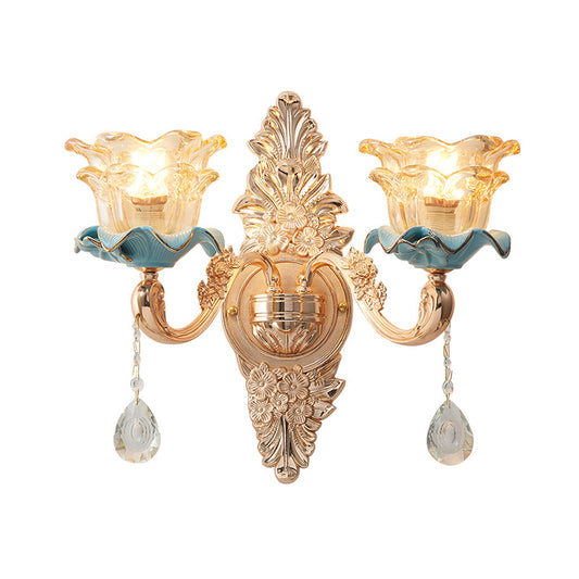 Gold Floral Wall Light Fixture Vintage Glass Living Room Wall Mounted Lamp with Crystal Accent Clearhalo 'Wall Lamps & Sconces' 'Wall Lights' Lighting' 2198335