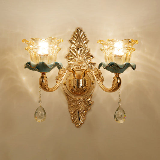 Gold Floral Wall Light Fixture Vintage Glass Living Room Wall Mounted Lamp with Crystal Accent Clearhalo 'Wall Lamps & Sconces' 'Wall Lights' Lighting' 2198336