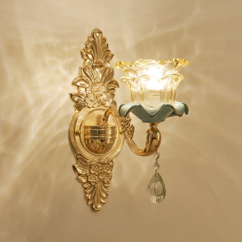 Gold Floral Wall Light Fixture Vintage Glass Living Room Wall Mounted Lamp with Crystal Accent 1.0 Gold K Clearhalo 'Wall Lamps & Sconces' 'Wall Lights' Lighting' 2198337