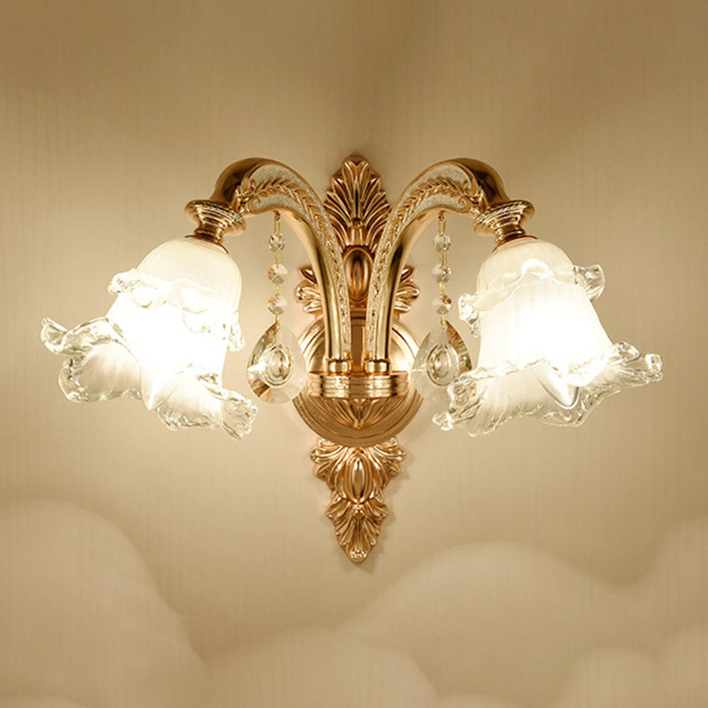 Gold Floral Wall Light Fixture Vintage Glass Living Room Wall Mounted Lamp with Crystal Accent 2.0 Gold J Clearhalo 'Wall Lamps & Sconces' 'Wall Lights' Lighting' 2198338