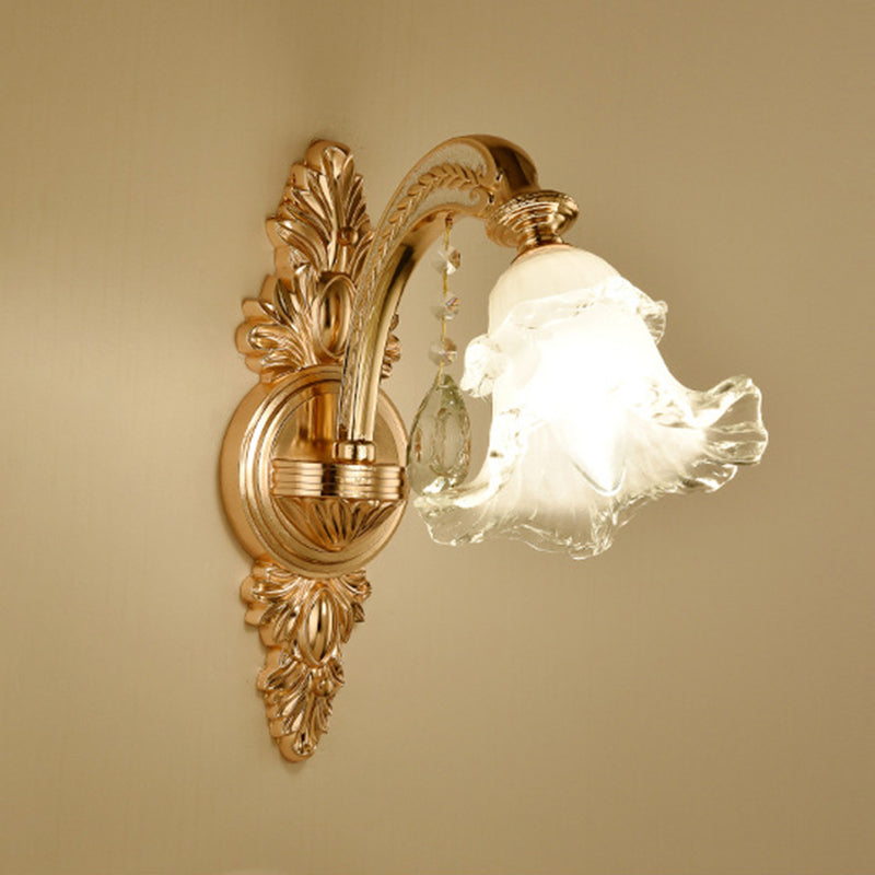 Gold Floral Wall Light Fixture Vintage Glass Living Room Wall Mounted Lamp with Crystal Accent 1.0 Gold J Clearhalo 'Wall Lamps & Sconces' 'Wall Lights' Lighting' 2198339