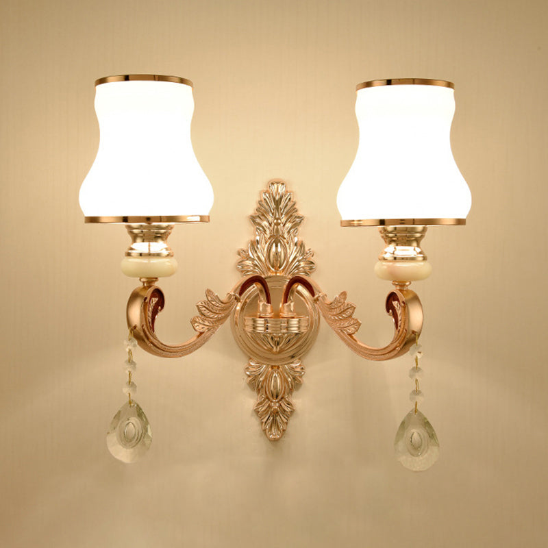 Gold Floral Wall Light Fixture Vintage Glass Living Room Wall Mounted Lamp with Crystal Accent 2.0 Gold I Clearhalo 'Wall Lamps & Sconces' 'Wall Lights' Lighting' 2198340