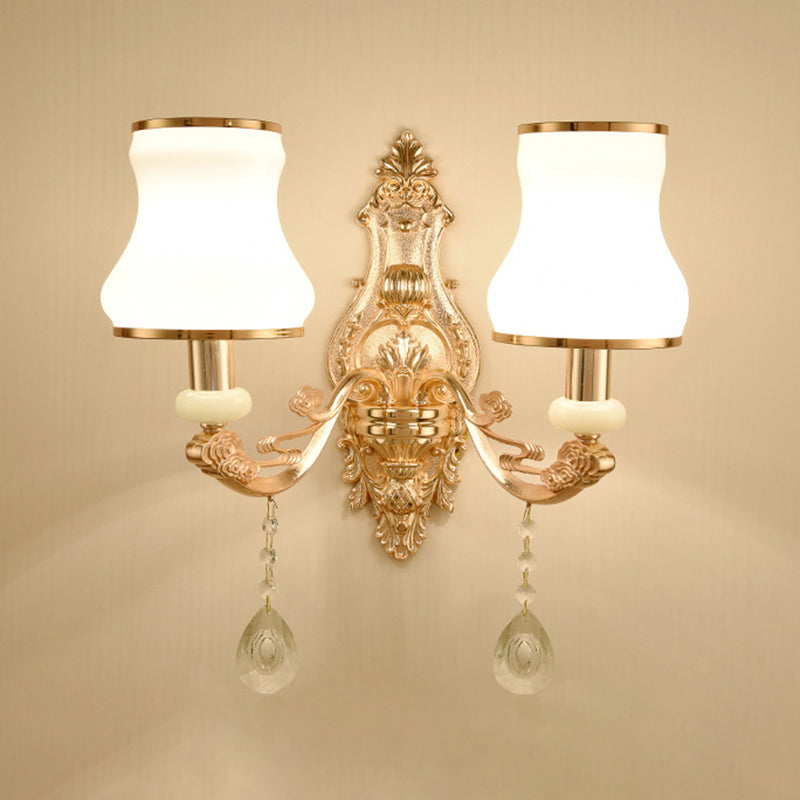 Gold Floral Wall Light Fixture Vintage Glass Living Room Wall Mounted Lamp with Crystal Accent 2.0 Gold H Clearhalo 'Wall Lamps & Sconces' 'Wall Lights' Lighting' 2198342