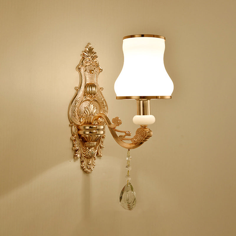 Gold Floral Wall Light Fixture Vintage Glass Living Room Wall Mounted Lamp with Crystal Accent 1.0 Gold H Clearhalo 'Wall Lamps & Sconces' 'Wall Lights' Lighting' 2198344