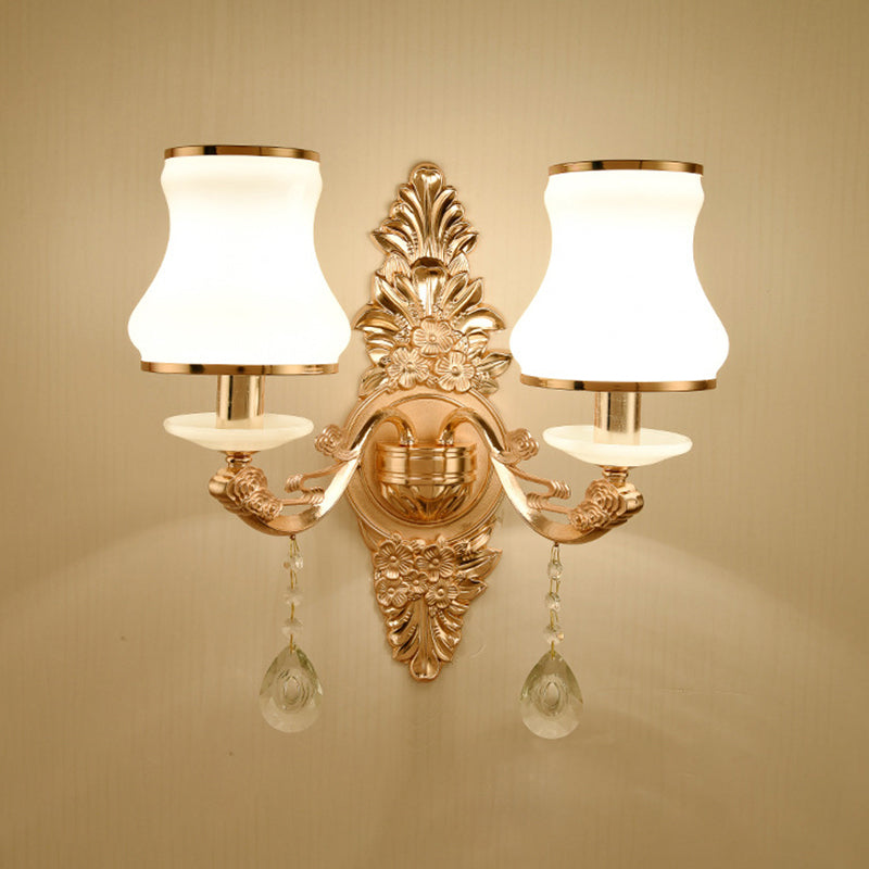 Gold Floral Wall Light Fixture Vintage Glass Living Room Wall Mounted Lamp with Crystal Accent 2.0 Gold G Clearhalo 'Wall Lamps & Sconces' 'Wall Lights' Lighting' 2198345
