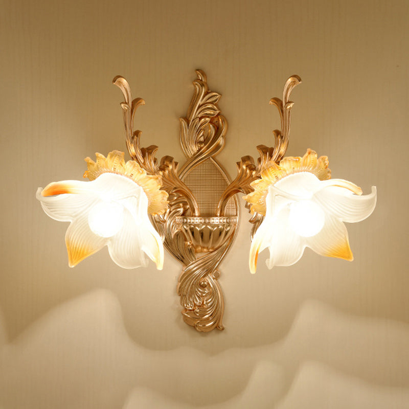 Gold Floral Wall Light Fixture Vintage Glass Living Room Wall Mounted Lamp with Crystal Accent 2.0 Gold F Clearhalo 'Wall Lamps & Sconces' 'Wall Lights' Lighting' 2198347