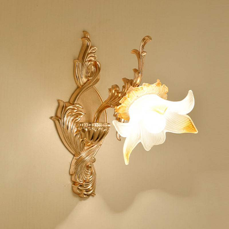 Gold Floral Wall Light Fixture Vintage Glass Living Room Wall Mounted Lamp with Crystal Accent 1.0 Gold F Clearhalo 'Wall Lamps & Sconces' 'Wall Lights' Lighting' 2198348