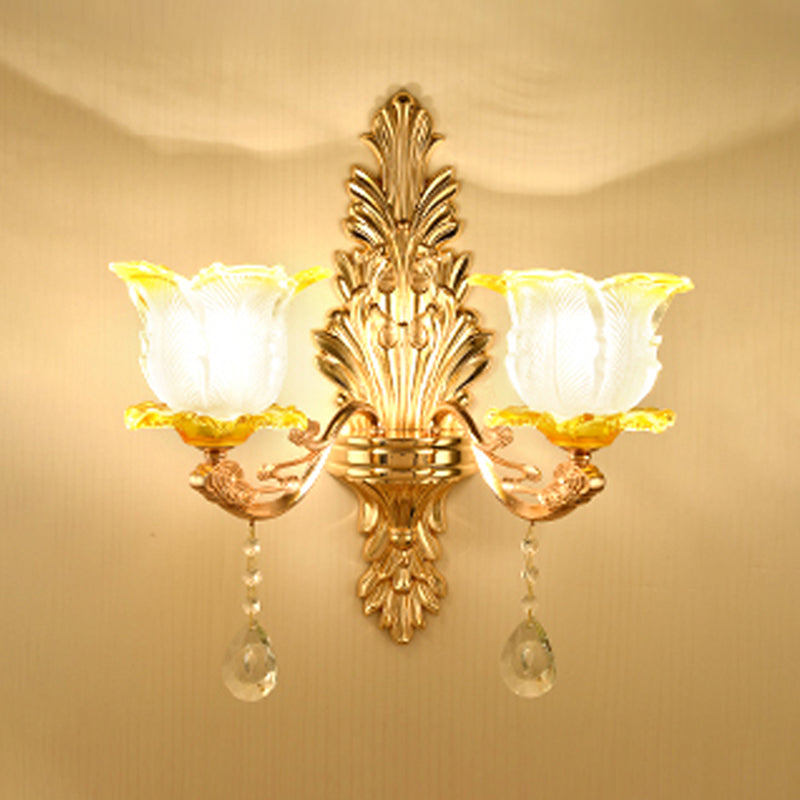 Gold Floral Wall Light Fixture Vintage Glass Living Room Wall Mounted Lamp with Crystal Accent 2.0 Gold E Clearhalo 'Wall Lamps & Sconces' 'Wall Lights' Lighting' 2198349