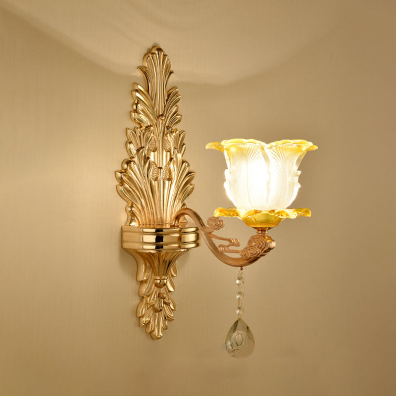 Gold Floral Wall Light Fixture Vintage Glass Living Room Wall Mounted Lamp with Crystal Accent 1.0 Gold E Clearhalo 'Wall Lamps & Sconces' 'Wall Lights' Lighting' 2198350