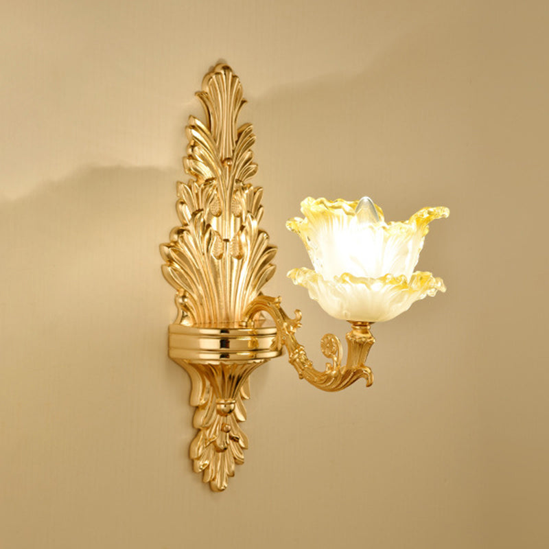 Gold Floral Wall Light Fixture Vintage Glass Living Room Wall Mounted Lamp with Crystal Accent 1.0 Gold D Clearhalo 'Wall Lamps & Sconces' 'Wall Lights' Lighting' 2198352