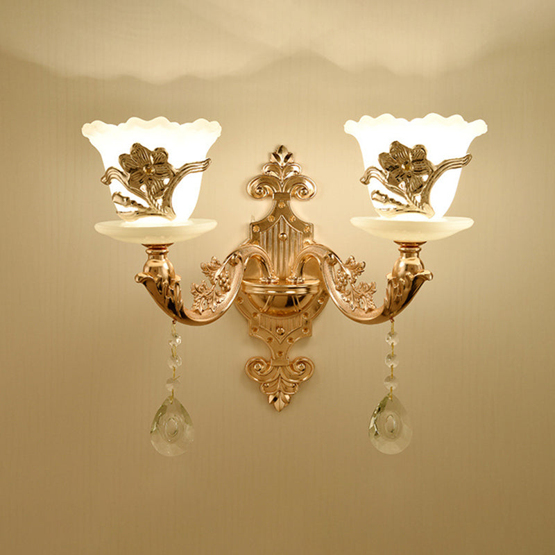 Gold Floral Wall Light Fixture Vintage Glass Living Room Wall Mounted Lamp with Crystal Accent 2.0 Gold C Clearhalo 'Wall Lamps & Sconces' 'Wall Lights' Lighting' 2198353