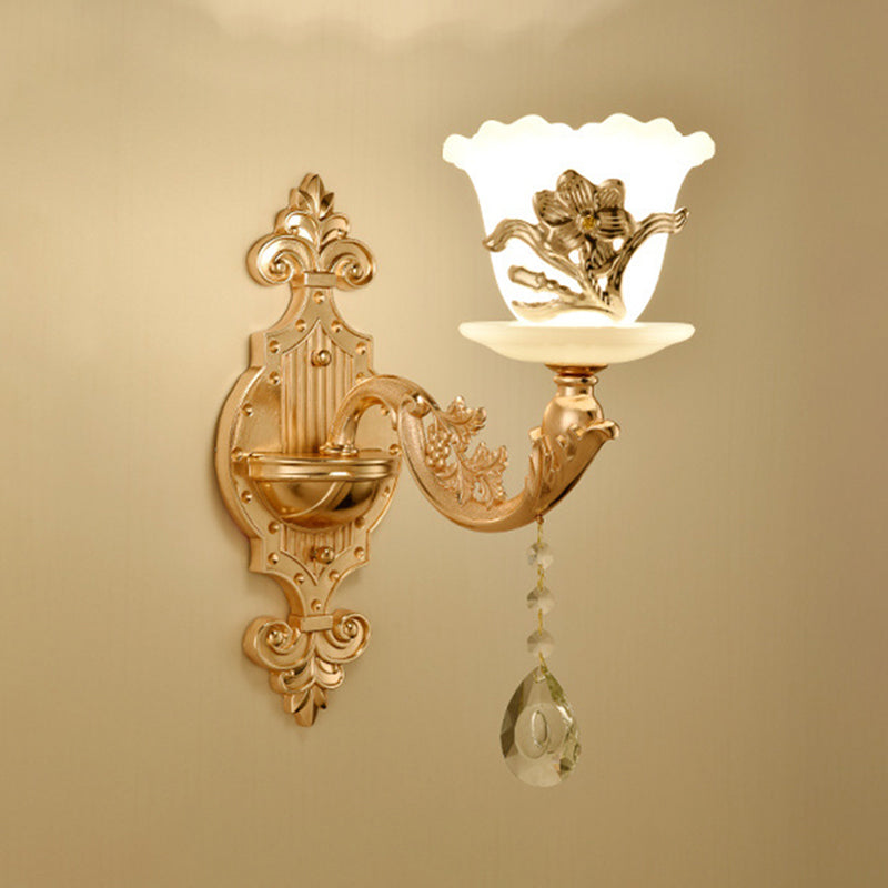Gold Floral Wall Light Fixture Vintage Glass Living Room Wall Mounted Lamp with Crystal Accent 1.0 Gold C Clearhalo 'Wall Lamps & Sconces' 'Wall Lights' Lighting' 2198354
