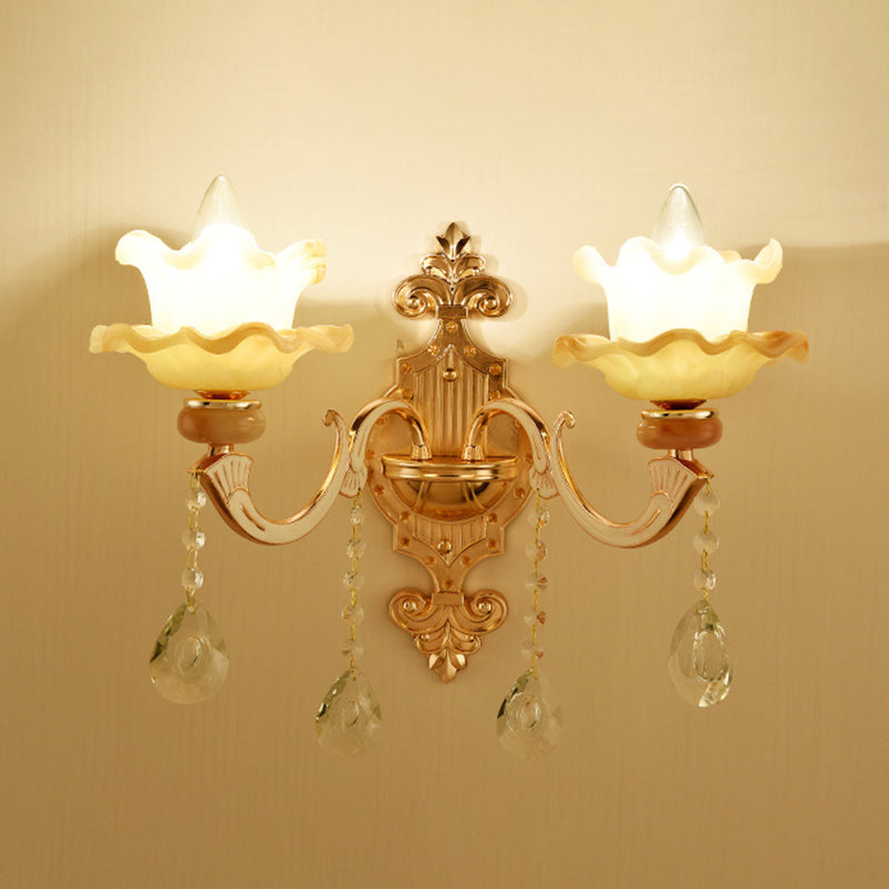 Gold Floral Wall Light Fixture Vintage Glass Living Room Wall Mounted Lamp with Crystal Accent 2.0 Gold B Clearhalo 'Wall Lamps & Sconces' 'Wall Lights' Lighting' 2198355