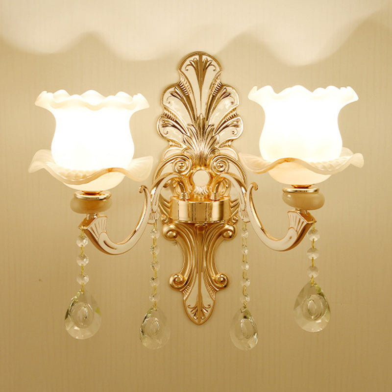 Gold Floral Wall Light Fixture Vintage Glass Living Room Wall Mounted Lamp with Crystal Accent 2.0 Gold A Clearhalo 'Wall Lamps & Sconces' 'Wall Lights' Lighting' 2198357
