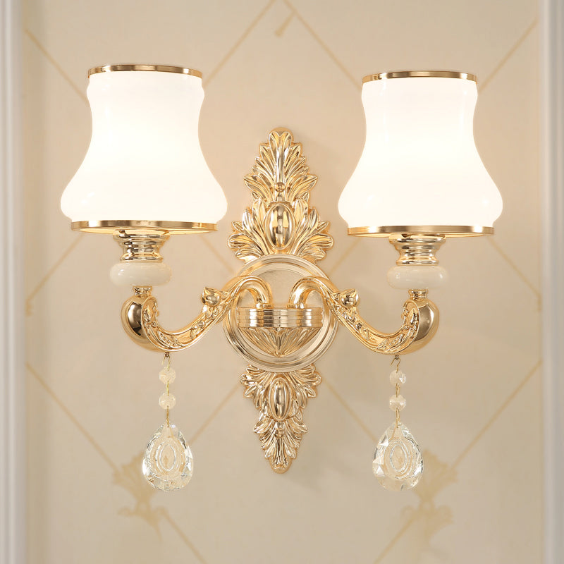 Bud Shade Corridor Wall Mount Light Minimalism Opaline Glass Gold Wall Lighting with Hanging Crystal 2.0 Gold Clearhalo 'Wall Lamps & Sconces' 'Wall Lights' Lighting' 2198368